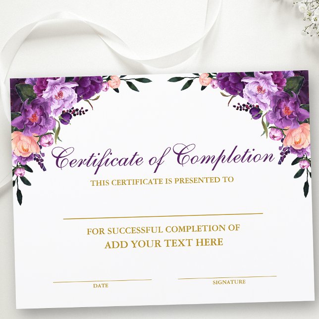 Certificado Floral de Conclusão Roxo Dourado (Customize to change text size, text style or text color.)