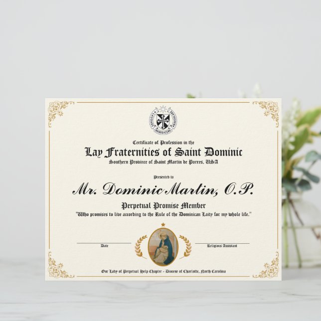Certificado Lay Dominican (Em pé/Frente)