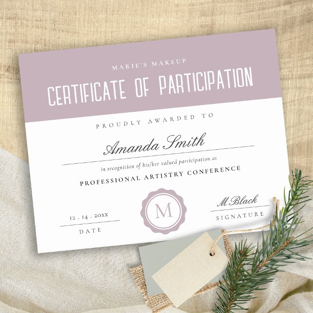 Certificado mínimo de participação lilás rosa (Criador carregado)