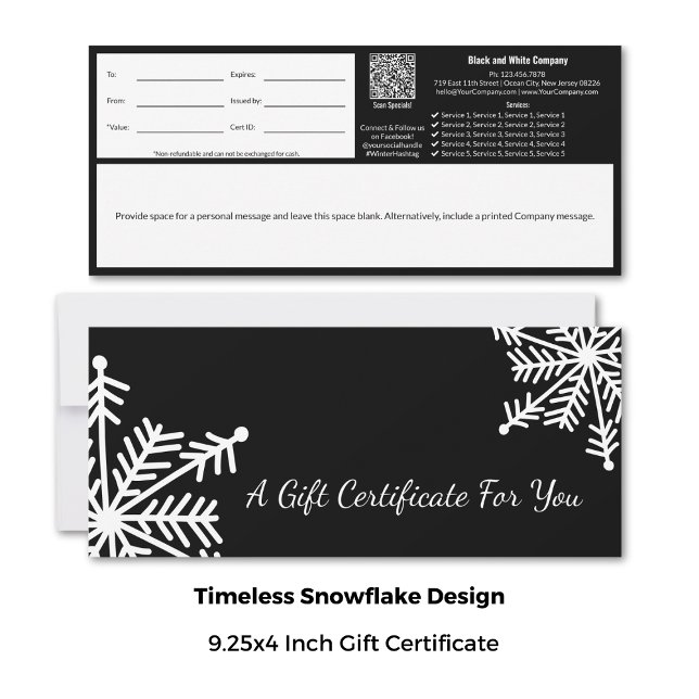 Certificado Mínimo de Presente de Neve Branca Negr (9.25x4 Inch, Minimal Black White Snowflake Gift Certificate Cards)