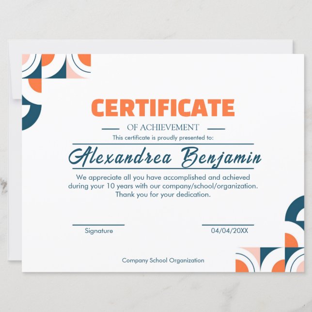 Certificado Moderno de Realização Profissional Azu (Frente)