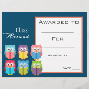 Certificado para crianças de coruja de leitura fo