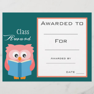 Certificado para crianças de coruja de leitura fo