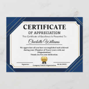 Certificado Profissional de Apreciação Azul Dourad