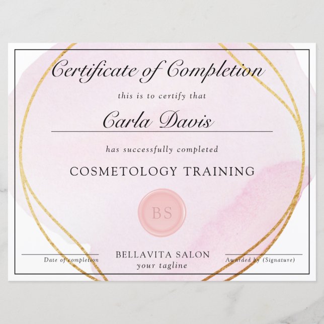 Certificado Rosa Blush Script Água-Marinha Dourado (Frente)