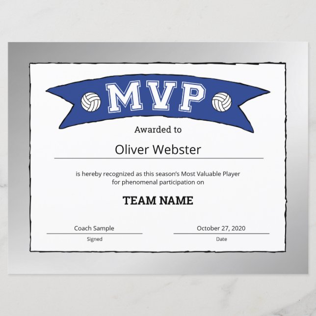 Certificados de vôlei MVP do jogador MVP (Frente)