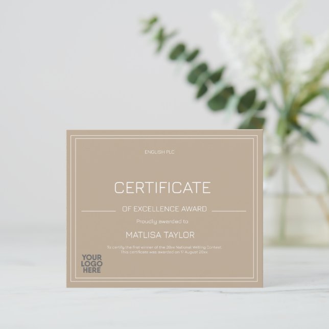 Certificate of Excellence Award Taupe Add Logo  (Em pé/Frente)