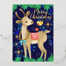 Cervo de Natal com Pássaro. Azul.