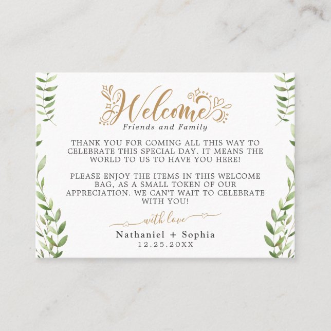 Cesta de Boas Vindas com cartão de lugar em verde  (Frente)