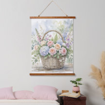 Cesta Floral em Aquarela com Rosas e Hortênsias