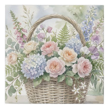Cesta Floral em Aquarela com Rosas e Hortênsias