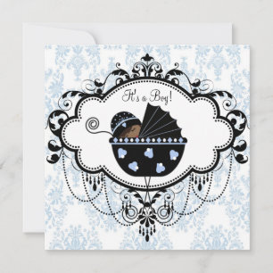 Chá Blue Black Damask Baby Boy Convites