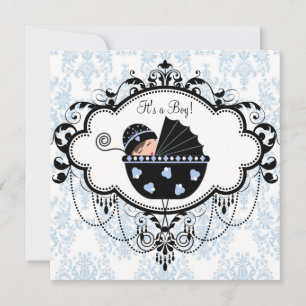 Chá Blue Black Damask Baby Boy Convites
