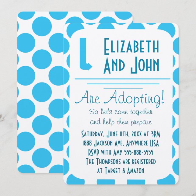 Chá de Adoção - Convites de Pontos Azuis e Brancos (Frente/Verso)