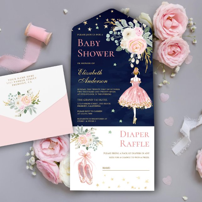 Chá de Bebê Azul Bailarina Floral Rosa e Dourado (Criador carregado)