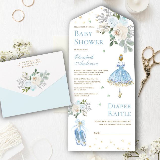 Chá de Bebê Bailarina Floral Azul e Dourado (Criador carregado)
