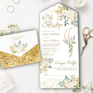Chá de Bebê Boho Marfim Floral Dourado Lua Crescen