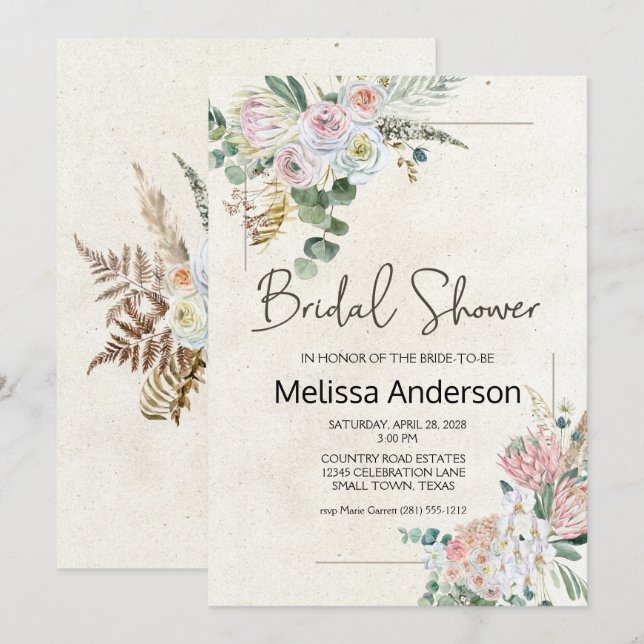 Chá de Bebê Boho Neutro Floral Elegante Pastel (Frente/Verso)