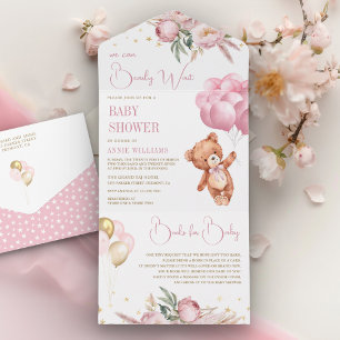 Chá de Bebê Boho Urso de Pelúcia Balões Rosa Flora