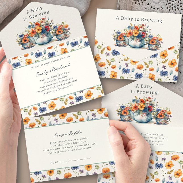Chá de Bebê Buquê de Chá e Xícaras de Chá (Trifold Baby Shower Invitation. All-in-One design with book request + tear-off Diaper Raffle Ticket)
