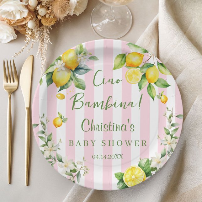 Chá de Bebê Ciao Bambina Prato de Papel de Limão R (Ciao Bambina Baby Shower Pink Citrus Paper plates)