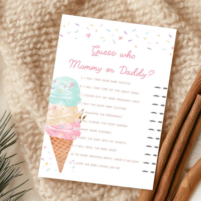 Chá de Bebê de Sorvete Adivinhe Quem é Mamãe ou Pa (Ice Cream Sprinkled with Love Baby Shower Guess Who Mommy or Daddy Game)