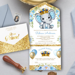 Chá de Bebê do Elefante Príncipe Floral Azul Fofo