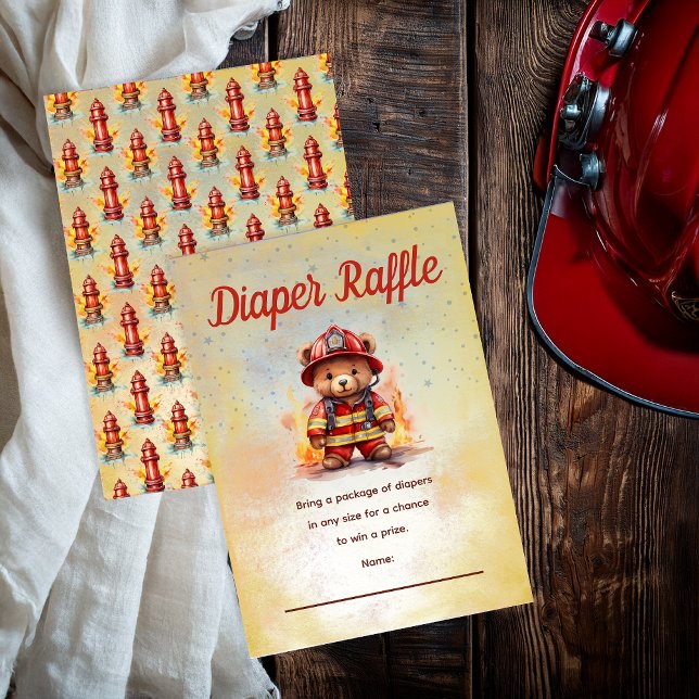 Chá de Bebê do Ursinho Bombeiro - Rifas de Fraldas (Little Firefighter Teddy Bear Diaper Raffle Card)