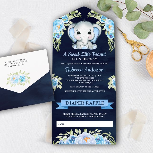 Chá de Bebê Elefante Floral Fofo Azul Marinho (Criador carregado)