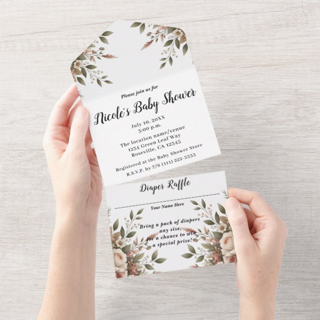 Chá de Bebê Floral Verde Oliva e Branco Elegante (Aba destacável)