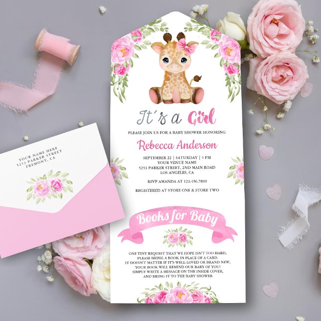 Chá de Bebê Girafa Aquarela Floral Rosa (Criador carregado)