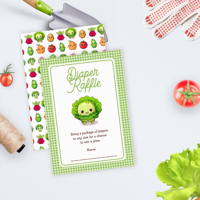 Chá de Bebê Little Sprout - Rifas de Fraldas (Little Sprout Baby Shower Diaper Raffle Card | Cute Garden Kawaii Vegetable Theme)