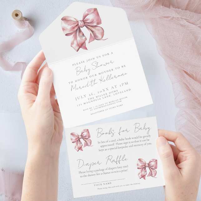 Chá de Bebê Menina com Laço Rosa (Pink Bow Watercolor Girly Baby Shower All in One Invitation)