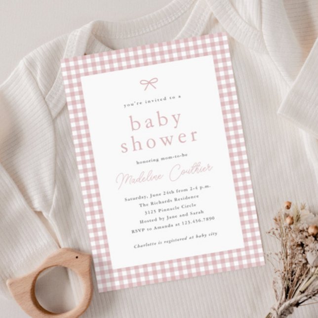 Chá de Bebê Menina Rosa Poeirento Simples Elegante (Gingham check dusty pink girls budget baby shower invitation.)