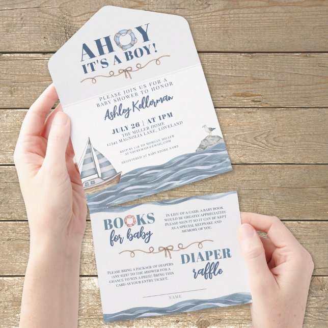 Chá de Bebê Menino Oceano Náutico (Nautical Ocean Boy Baby Shower All in One Invitation )