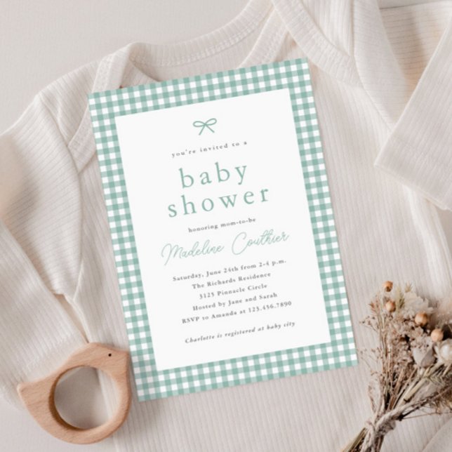 Chá de Bebê Neutro em Verde Sage Simples (Simple Sage Green Gingham Gender Neutral Budget Baby Shower Invitations.)