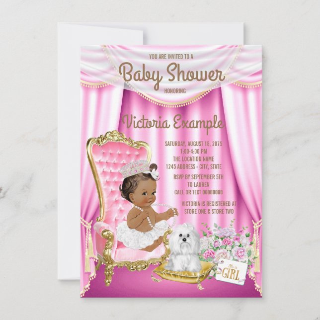 Chá de Bebê Princesa Étnica Convite Cadeira Rosa (Frente)