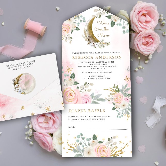 Chá de Bebê Rosa Flores Rústicas Lua Dourada (Criador carregado)