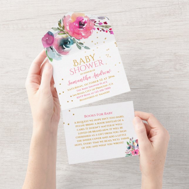 Chá De Bebê Rosa Rosa Com Cores Aquarelas Adorável (Aba destacável)