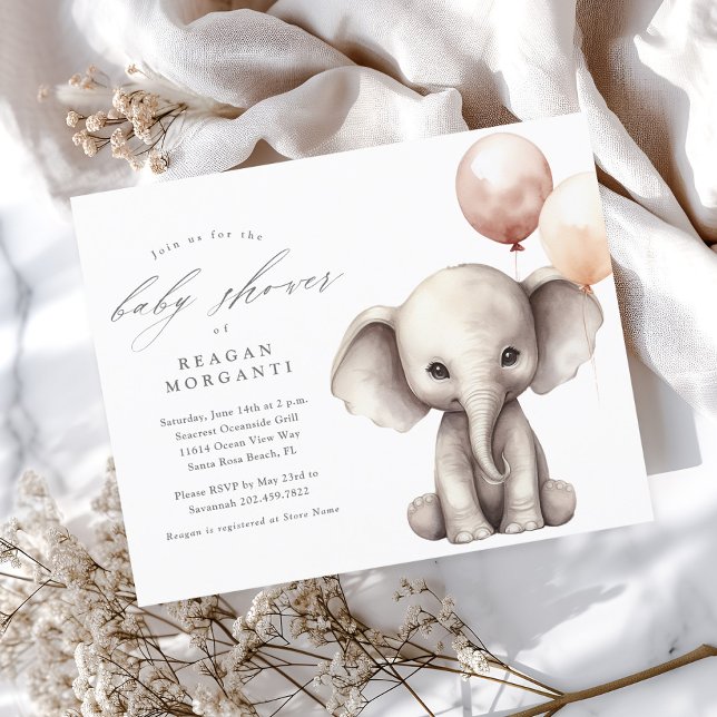 Chá de Bebê Simples com Elefante e Balões Neutro O (Cute Elephant with Balloons Gender Neutral Budget Baby Shower Invitation.)