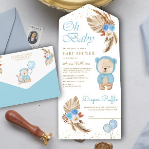 Chá de Bebê Urso de Pelúcia Floral Azul Boho Pampa