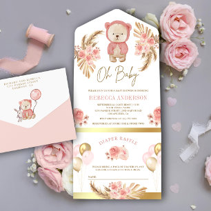 Chá de Bebê Urso de Pelúcia Floral Rosa Boho Pampa