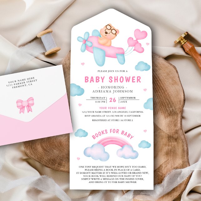 Chá de Bebê Urso Teddy Avião Rosa Fofo (Criador carregado)