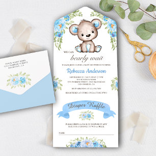 Chá de Bebê Urso Teddy Floral Aquarela Azul