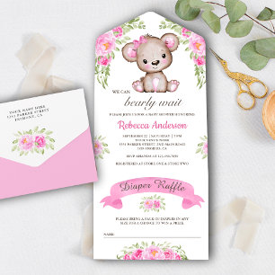 Chá de Bebê Urso Teddy Floral Aquarela Rosa