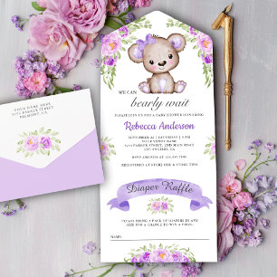 Chá de Bebê Urso Teddy Floral Aquarela Roxa
