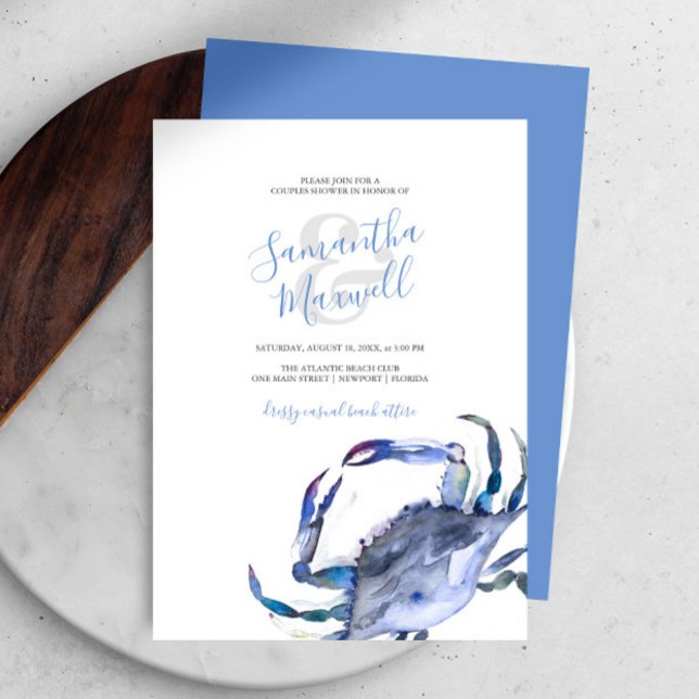 Chá de Casais de Caranguejo Costeiro Azul de Aquar (Bridal shower invitations watercolor blue crab art by Victoria Grigaliunas Do Tell A Belle)