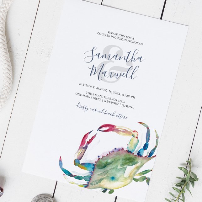 Chá de Casais de Caranguejo Costeiro de Aquarela (Couples shower invitations blue and green watercolor crab printable or printed )