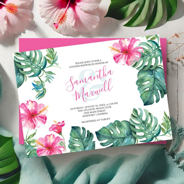 Chá de Casais de flores tropicais de Hibiscus (Bright wedding invitations watercolor pink hibiscus flowers and palm leaves by Victoria Grigaliunas)