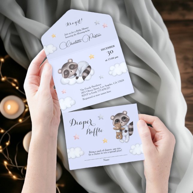 Chá de fraldas Azul de guaxinim Cavalheiro (Gentle Baby Boy Raccoon Blue Baby Shower All In One Invitation)